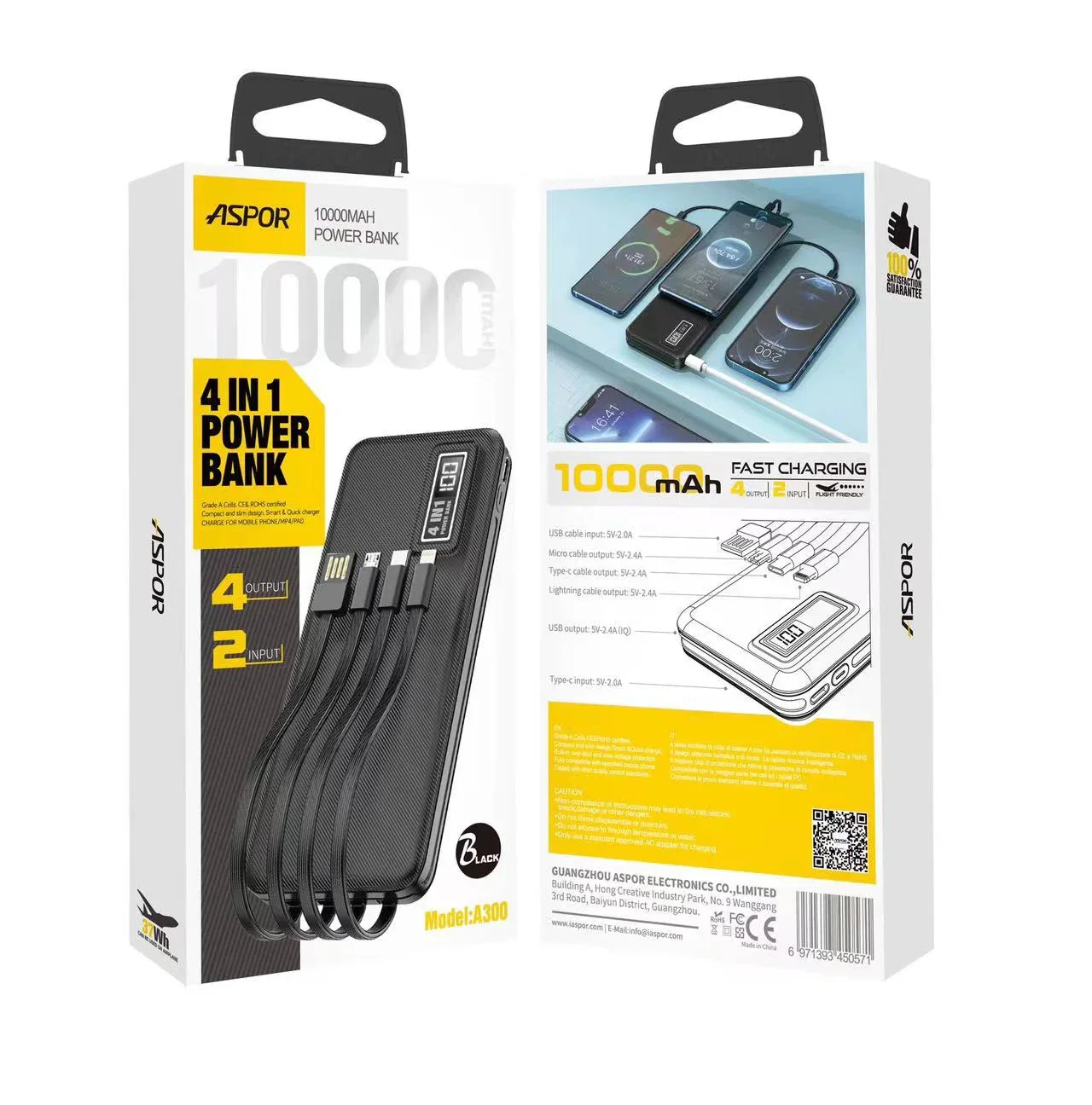 Aspor A300 Power Bank Original 10000mah Li-Polymer Battery 4 In1 Power Bank Black - UMart786