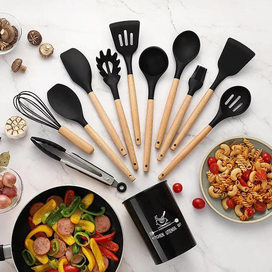 12 pcs set Wooden Handle Silicone Kitchen Utensils With Storage Bucket High Temperature Resistant And Non Stick Pot Spatula Spoon( random color ) - UMart786