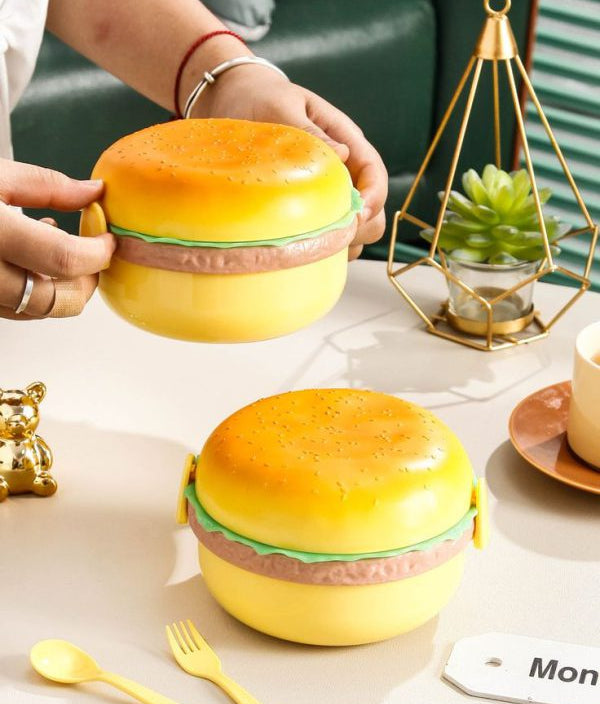 1 pc Round Cute Burger Shape Lunch Box Perfect For School Kids Office Worker 3 layer Container Box for Boys, Girls, School &amp; Office Men - UMart786