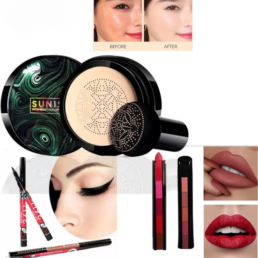 3 in 1 Makeup Deal  Sunisa Foundation Base 20g Waterproof Mushroom Head Air Cushion BB Cream Nude Liquid Foundations +yanqina 36H liner + 5 in 1 lipstick Pen (Random Shades) - UMart786