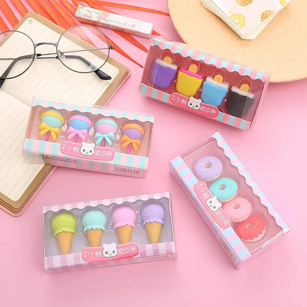 4 Pcs Sweet Candy Multicolor Eraser [ Random Design ] - UMart786