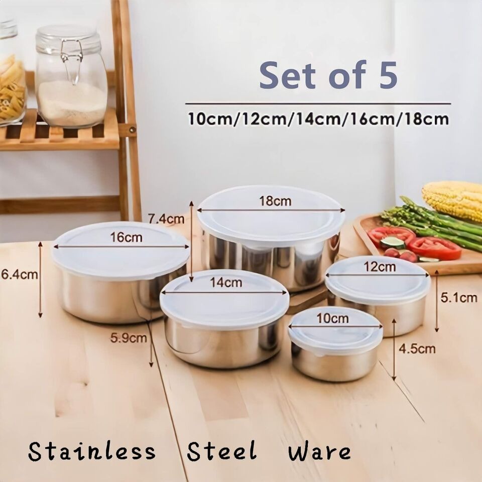 Set of 5 Stainless Steel Food Storage Containers With Lids - UMart786